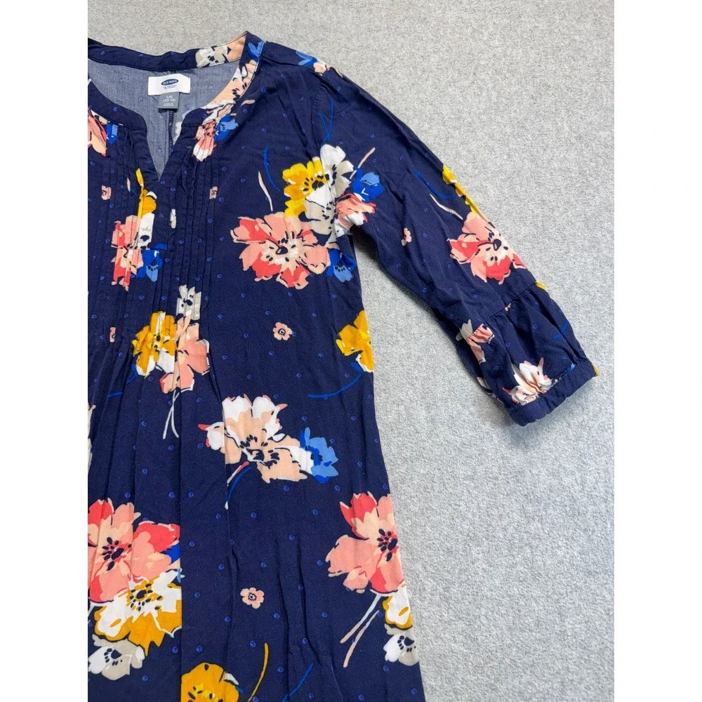Old Navy Girls 10-12 L Navy Floral Pintuck Dress 3/4 Sleeve Flowy Casual School